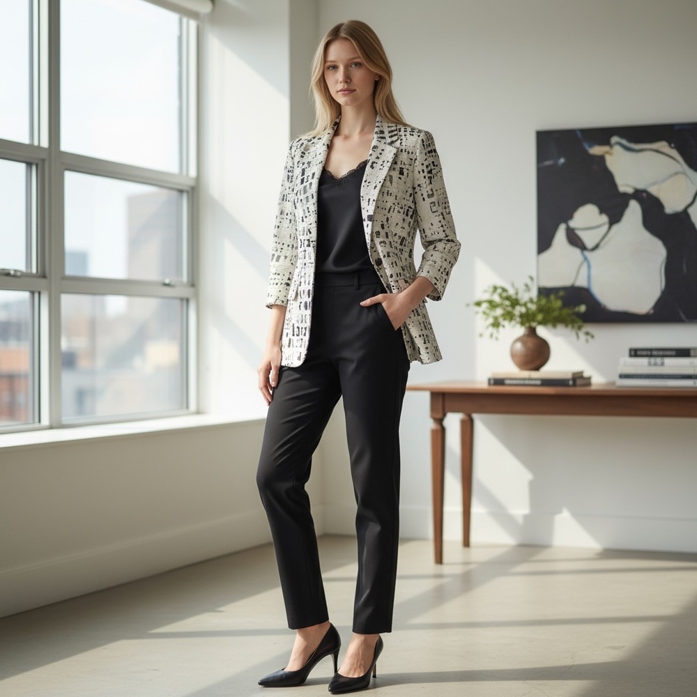 COLDWATER CREEK Print Blazer Jacket 12 White Black Linen Blend 3/4 Sleeve - Picture 1 of 16
